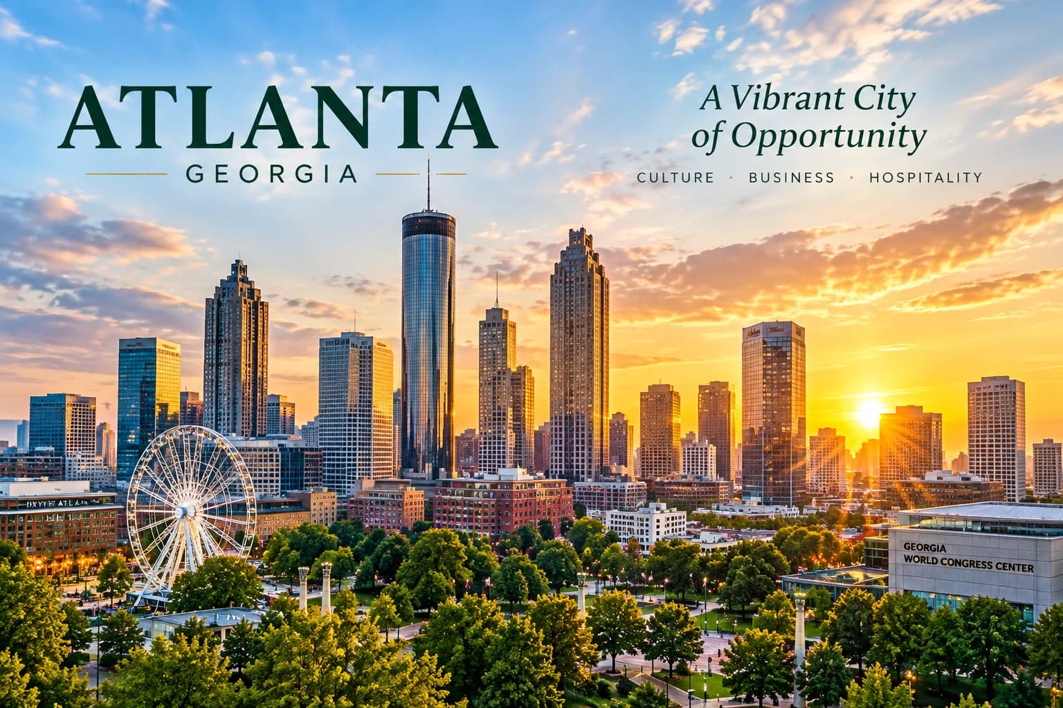Panoramic view of downtown Atlanta, Georgia, at sunset