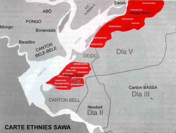 Map titled “Carte ethnies Sawa” with areas highlighted in red.