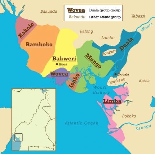 Colour-coded map of the Cameroon coast showing Duala-group and other ethnic groups.
