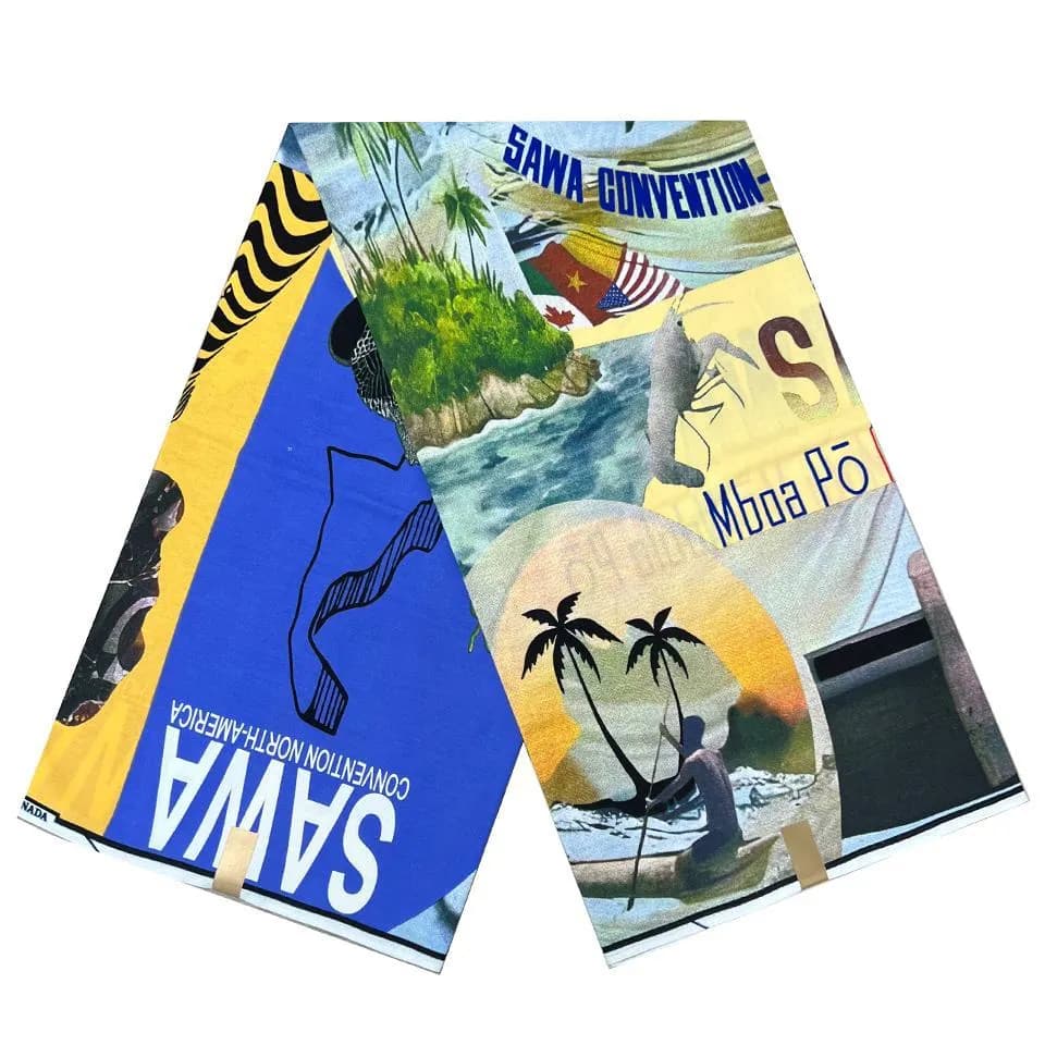 Official Sawa Convention North America fabric with blue and yellow patterns